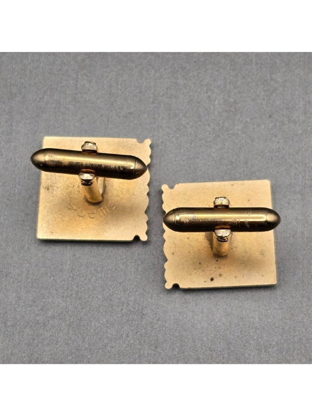 VTG Swank Gold-Tone Square Cufflinks .75" Ornate Scrolled Edge Bullet Back - Picture 4 of 6